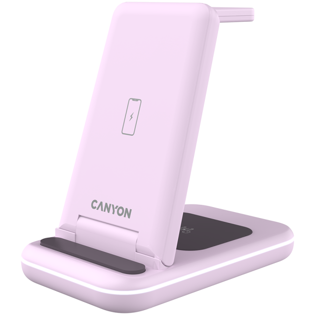 Безжична станция за зареждане на iWatch / iPhone / TWS слушалки Canyon WS-304, 3-В-1 за безжичнно зареждане, 15W/10W/7.5W/5W, розова