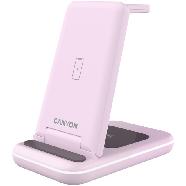 Безжична станция за зареждане на iWatch / iPhone / TWS слушалки Canyon WS-304, 3-В-1 за безжичнно зареждане, 15W/10W/7.5W/5W, розова