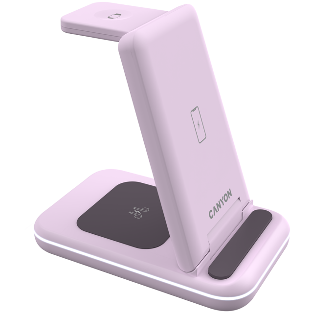 Безжична станция за зареждане на iWatch / iPhone / TWS слушалки Canyon WS-304, 3-В-1 за безжичнно зареждане, 15W/10W/7.5W/5W, розова