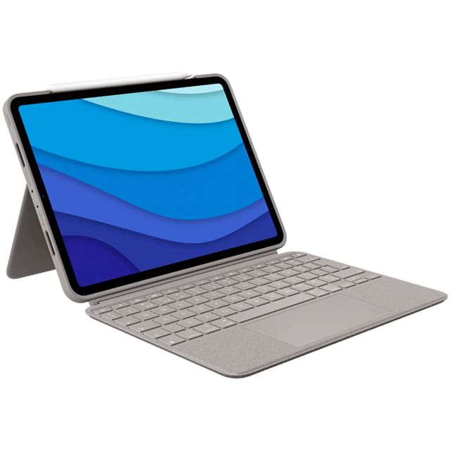Клавиатура за таблет Logitech Combo Touch, съвместима с Apple iPad Pro 12.9-inch (5th generation) с тъчпад, безжична, подсветка, светло сива (US)