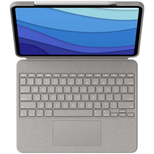 Клавиатура за таблет Logitech Combo Touch, съвместима с Apple iPad Pro 12.9-inch (5th generation) с тъчпад, безжична, подсветка, светло сива (US)
