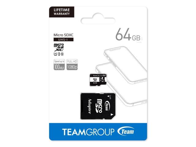 Карта памет TEAM microSDHC / SDXC Class 10, UHS-I, 64GB, SD адаптер