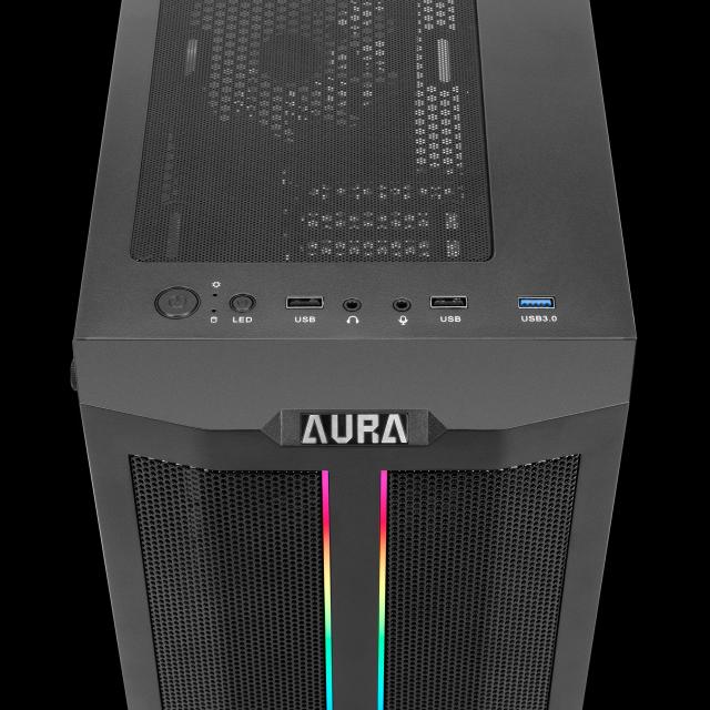 Кутия Gamdias AURA GC3 Mesh, 1 x USB 3.0, 2 x USB 2.0, HD Audio x 1, aRGB, Tempered Glass, ATX, черна