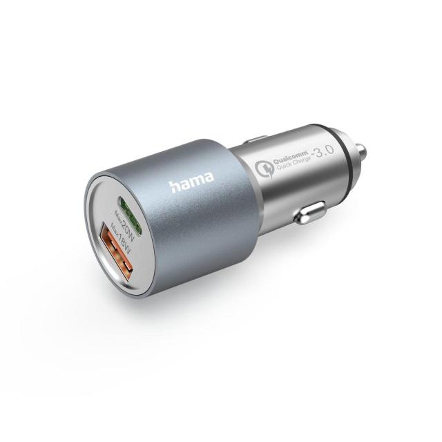 Бързо зарядно за кола HAMA, 1x USB-C PD, 1x USB-A QC, 38 W, метал