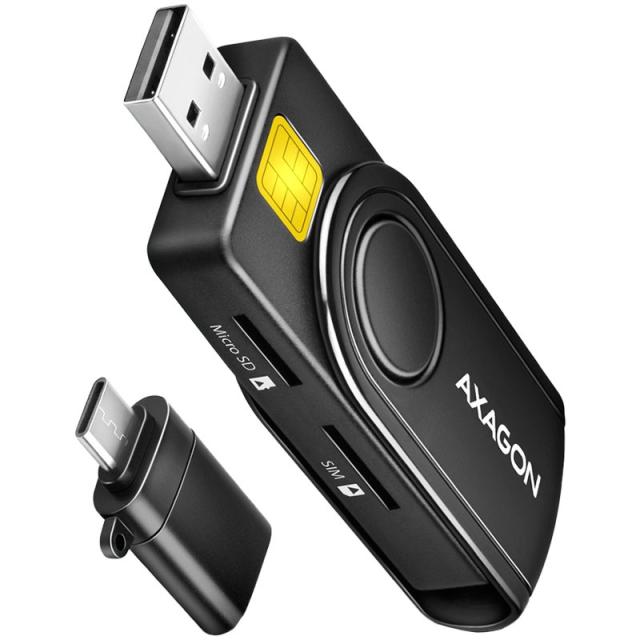 Четец за карти AXAGON CRE-SMP2A, USB-A/USB-C 2.0, ID card/Smart card/SD/SDHC/SDXC/MicroSDHC/microSDXC/SIM card reader