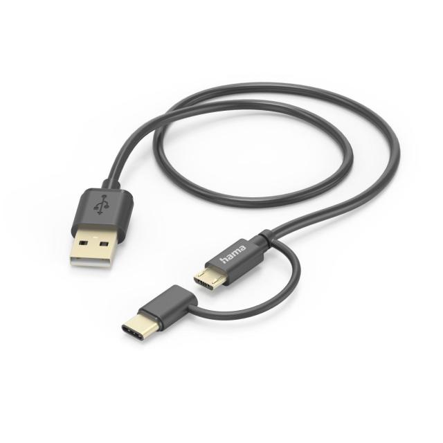 Кабел HAMA 2 в 1, USB-A - Micro USB, с адаптер за USB-C, 1 м, сив