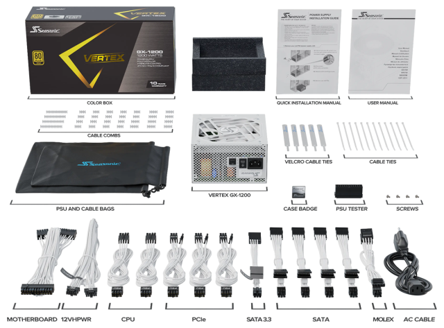 Захранване SEASONIC VERTEX GX-1200 1200W White, 80+ Gold PCIe 5.0, Fully Modular