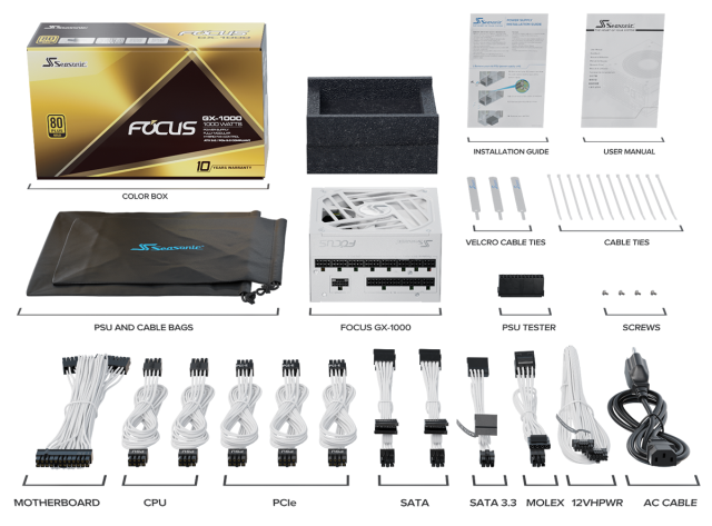 Захранване SEASONIC FOCUS GX-1000 1000W, White 80+ Gold, Fully Modular