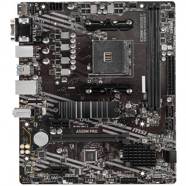 Дънна платка MSI A520M PRO, AM4, 2x DDR4, 1x M.2, 4x SATA3, 6x USB3.2 Gen1, 6x USB2.0, DP, VGA, HDM, mATX