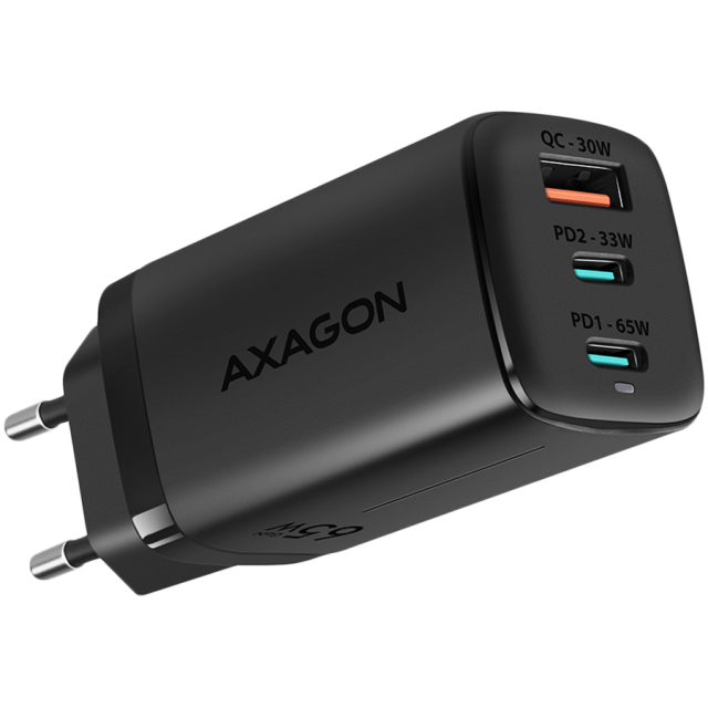 Зарядно устройство Axagon ACU-DPQ65, 3x port (USB-A + 2x USB-C), PD3.0 / PPS / QC4+ / SFC2.0 / AFC / SCP / FCP / Apple. 65W