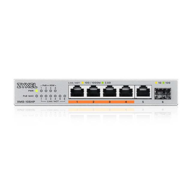 Суич ZyXEL XMG-105HP, 5 x 2.5GBASE-T + 1 x 1G SFP/10G SFP+, 4 x IEEE 802.3bt (PoE++, 60 W), неуправляем