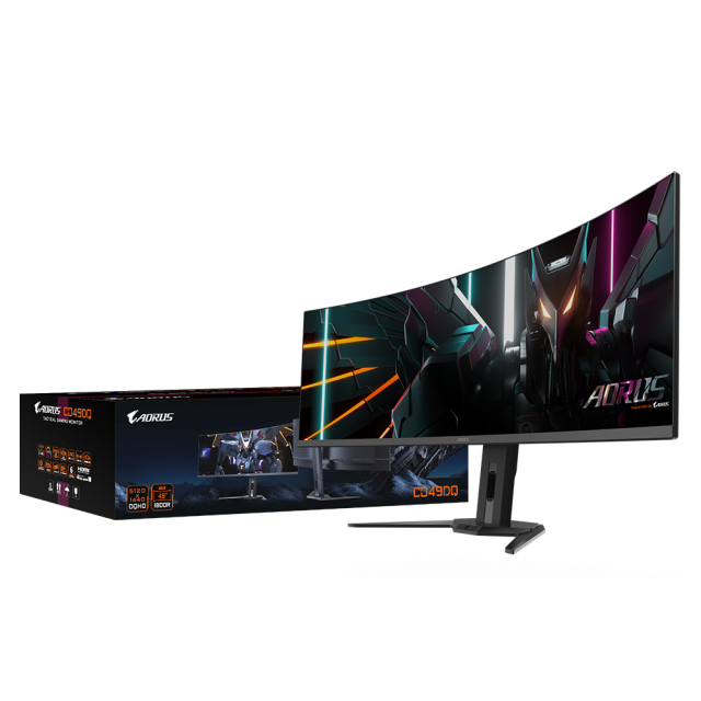 Монитор GIGABYTE AORUS CO49DQ, 49" (124.46 cm) QD-OLED, DQHD (5120x1440), Curved 1800R, 144 Hz, 0.3ms, 2x HDMI, DP, USB хъб, USB Type-C