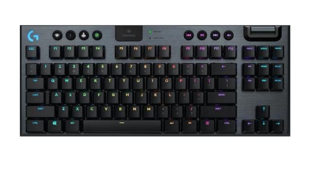 Клавиатура Logitech G915 ТKL, Wireless/Bluetooth, геймърска, механична, GX GL Clicky switches, RGB подсветка, нископрофилни клавиши, US layout, черна, USB