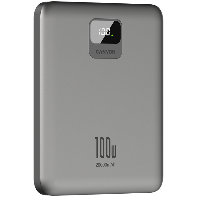 Външна батерия CANYON PB-2008 LED FLAT 20 000 mAh PD100W QC3.0 Dark Grey