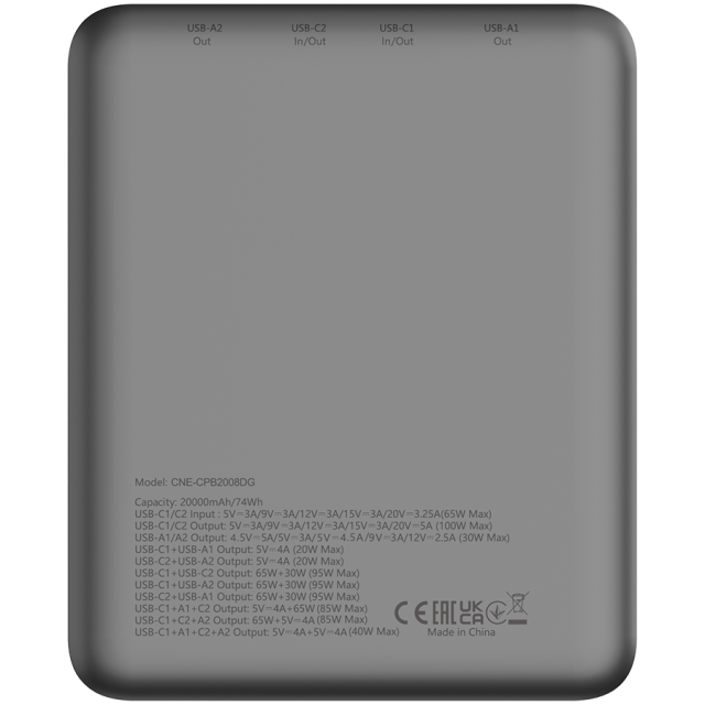 Външна батерия CANYON PB-2008 LED FLAT 20 000 mAh PD100W QC3.0 Dark Grey