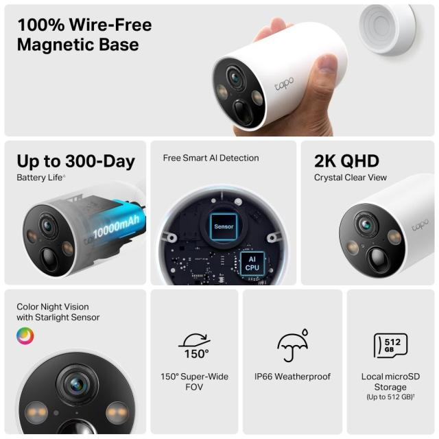 IP камера TP-Link Tapo C425, насочена "bullet" камера, 4MPix, IR, външна IP66, Wi-Fi, microSD слот до 512GB, микрофон и говорител
