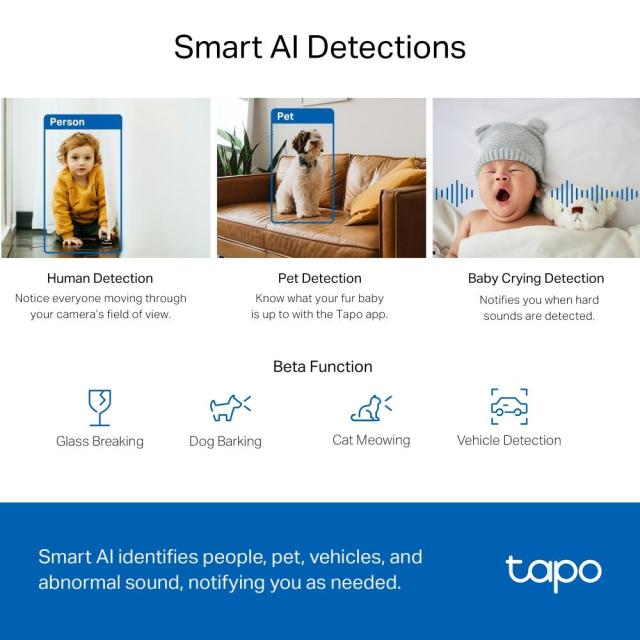 IP камера TP-Link Tapo C220, Pan/Tilt камера, 360°, 4Mpix, H.264, IR осветеност (до 9m), Wi-Fi, MicroSD слот до 512GB, микрофон и високоговорител