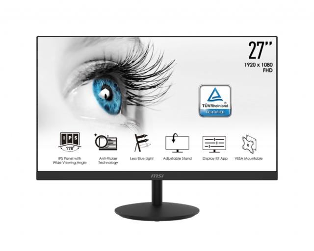 Монитор MSI PRO MP271, 27", IPS, 5ms, FHD 1920x1080, Exclusive Display Kit, Anti-Glare, Less Blue Light, Anti-Flicker, Speakers 2x2W, HDMI (Up to 75Hz), VGA, Mic-in, Headphone out, 250 cd/m2, Tilt, VESA 100, 9S6-3PA2CT-039