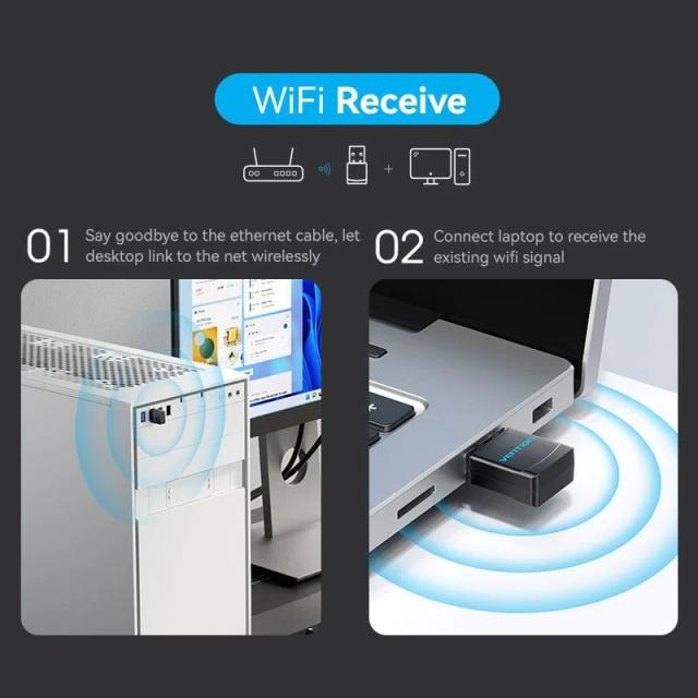 Vention безжичен адаптер WiFi USB adapter Dual Band, 650Mbps, Black