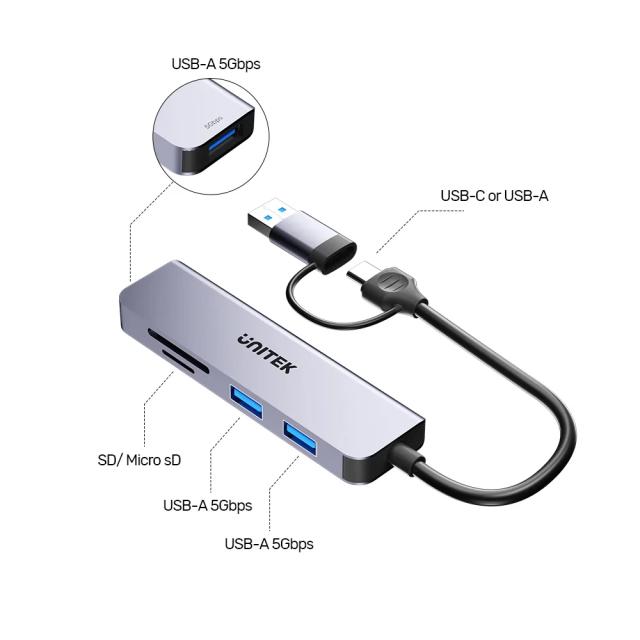 USB хъб Unitek 3-портов, 3 x USB 3.0, USB Type-C/USB-A