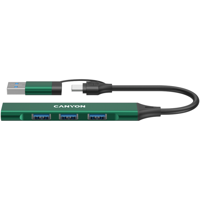 Хъб CANYON DS-02, 4-портов, 3x USB 2.0 Type-A, 1x USB 3.0 Type-A, USB-A/C, Зелен