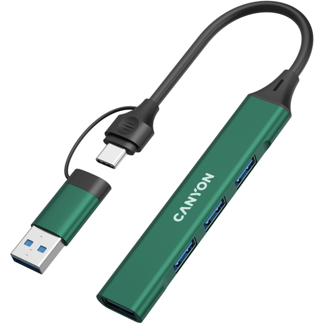 Хъб CANYON DS-02, 4-портов, 3x USB 2.0 Type-A, 1x USB 3.0 Type-A, USB-A/C, Зелен