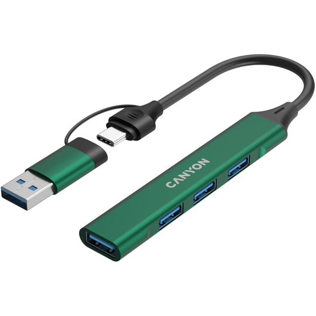 Хъб CANYON DS-02, 4-портов, 3x USB 2.0 Type-A, 1x USB 3.0 Type-A, USB-A/C, Зелен