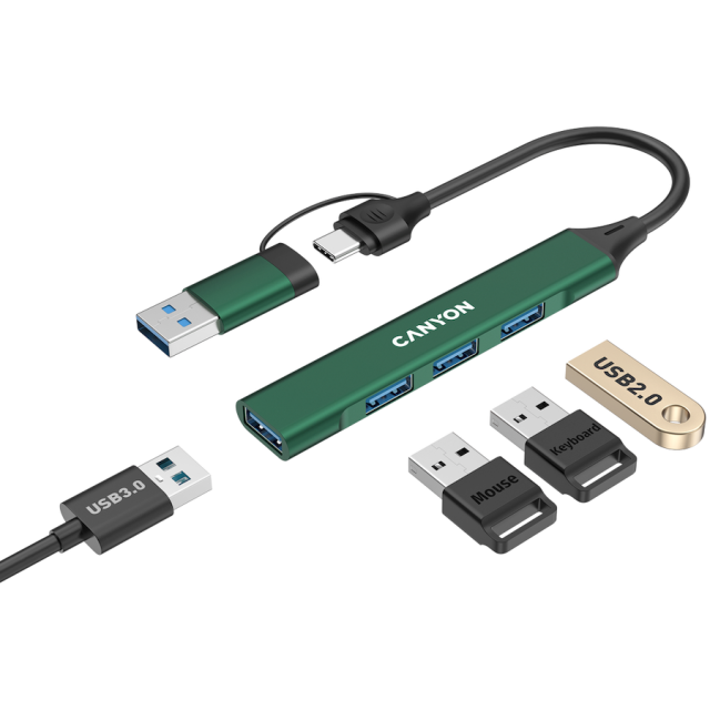 Хъб CANYON DS-02, 4-портов, 3x USB 2.0 Type-A, 1x USB 3.0 Type-A, USB-A/C, Зелен