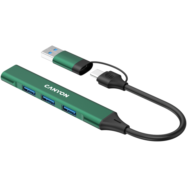 Хъб CANYON DS-02, 4-портов, 3x USB 2.0 Type-A, 1x USB 3.0 Type-A, USB-A/C, Зелен
