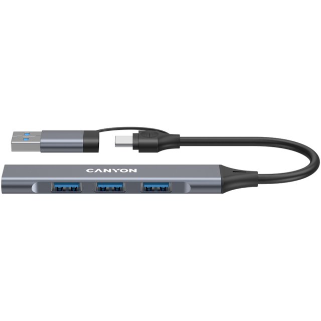 Хъб CANYON DS-02, 4-портов, 3x USB 2.0 Type-A, 1x USB 3.0 Type-A, USB-A/C, Сив