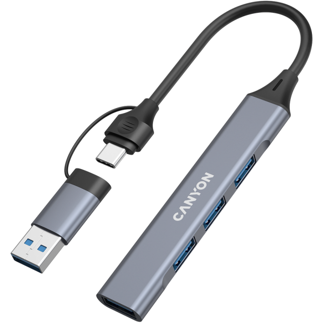 Хъб CANYON DS-02, 4-портов, 3x USB 2.0 Type-A, 1x USB 3.0 Type-A, USB-A/C, Сив