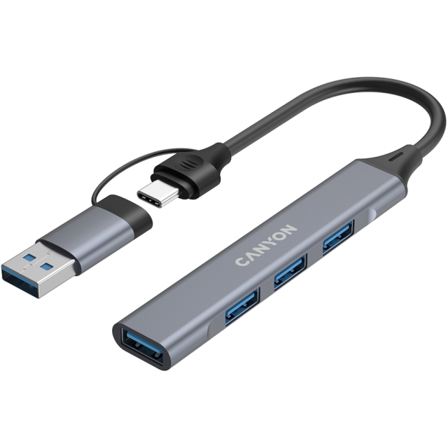 Хъб CANYON DS-02, 4-портов, 3x USB 2.0 Type-A, 1x USB 3.0 Type-A, USB-A/C, Сив