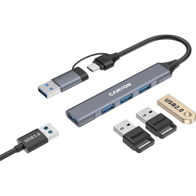 Хъб CANYON DS-02, 4-портов, 3x USB 2.0 Type-A, 1x USB 3.0 Type-A, USB-A/C, Сив
