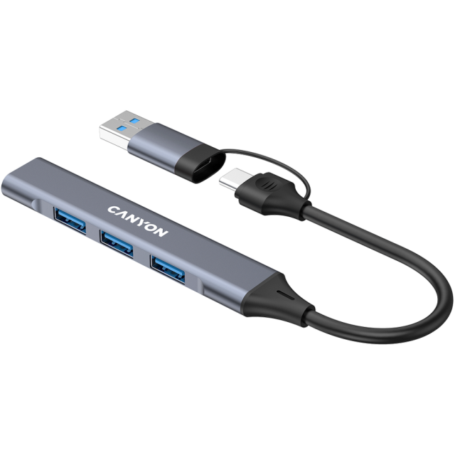 Хъб CANYON DS-02, 4-портов, 3x USB 2.0 Type-A, 1x USB 3.0 Type-A, USB-A/C, Сив