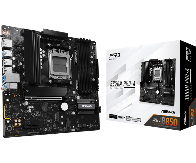 Дънна платка ASRock B850M PRO-A, AM5, 4x DDR5, 3x M.2, 4x SATA 6Gb/s, HDMI, DP, Micro ATX