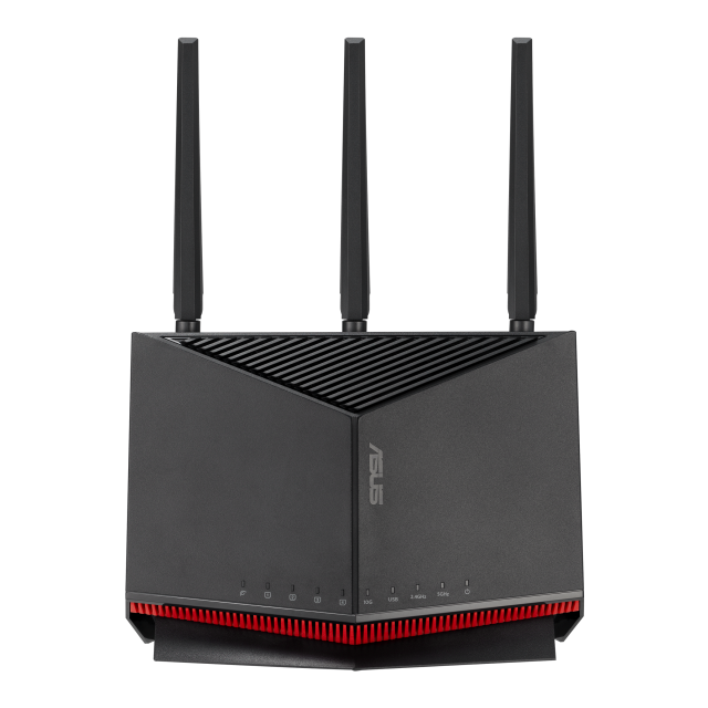 Рутер ASUS RT-BE86U WiFi 7 AiMesh, 2.4 / 5.0 GHz (1032+5764 Mbps), 1 x 10G WAN/LAN, 1 x 2.5G WAN/LAN, 3 x 2.5G LAN, 1 x USB 3.2 Gen1, 1 x USB 2.0 Gen, 3 x външни антени + 1 x вътрешна