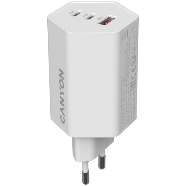 Зарядно CANYON HEXAGON 2 x USB Type-C, 1 x Type-A, 65W, White