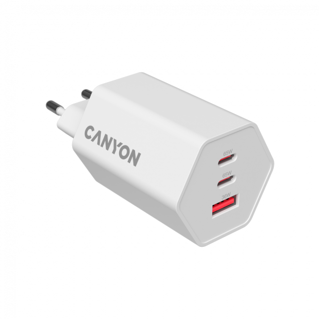 Зарядно CANYON HEXAGON 2 x USB Type-C, 1 x Type-A, 65W, White