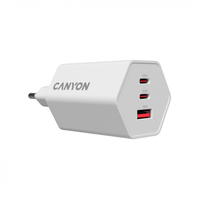 Зарядно CANYON HEXAGON 2 x USB Type-C, 1 x Type-A, 65W, White