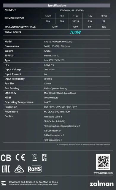 Захранване Zalman ZM700-GV2 SE 700W, Active PFC, 80 PLUS BRONZE