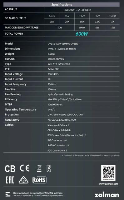 Захранване Zalman ZM600-GV2 SE 600W, Active PFC, 80 PLUS BRONZE