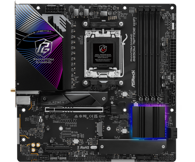 Дънна платка ASRock B850M RIPTIDE WIFI7, AM5, 4x DDR5, 3x M.2, 4x SATA 6Gb/s, Wi-Fi 7, Bluetooth 5.4, HDMI, DP, Micro ATX