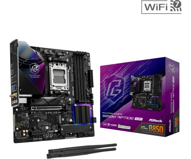 Дънна платка ASRock B850M RIPTIDE WIFI7, AM5, 4x DDR5, 3x M.2, 4x SATA 6Gb/s, Wi-Fi 7, Bluetooth 5.4, HDMI, DP, Micro ATX