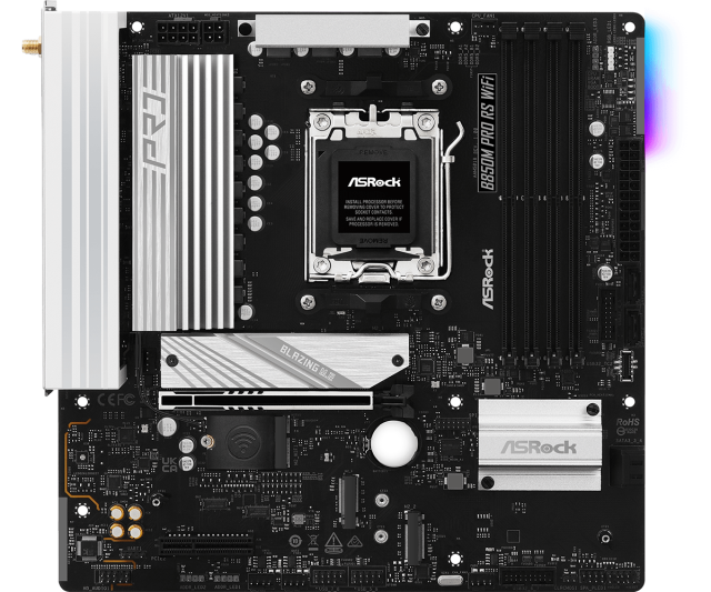 Дънна платка ASRock B850M Pro RS WIFI 6, AM5, 4x DDR5, 3x M.2, 4x SATA 6Gb/s, Wi-Fi 6E, Bluetooth 5.2, HDMI, DP, Micro ATX