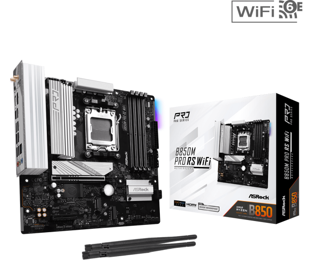 Дънна платка ASRock B850M Pro RS WIFI 6, AM5, 4x DDR5, 3x M.2, 4x SATA 6Gb/s, Wi-Fi 6E, Bluetooth 5.2, HDMI, DP, Micro ATX