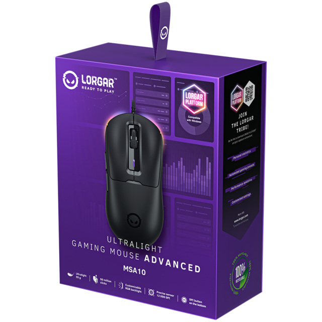 Мишка Lorgar MSA10, Ultralight Wired Gaming Mouse Advanced, оптична (12 000 dpi), 6 бутона, USB, Черна