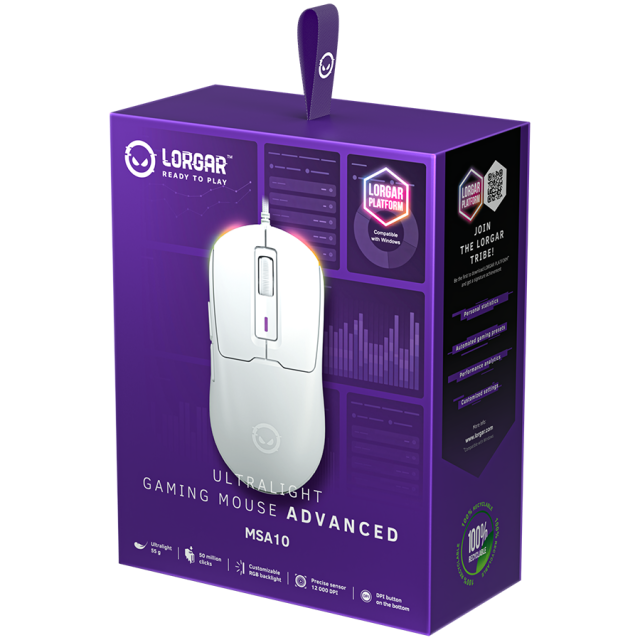 Мишка Lorgar MSA10, Ultralight Wired Gaming Mouse Advanced, оптична (12 000 dpi), 6 бутона, USB, Бяла