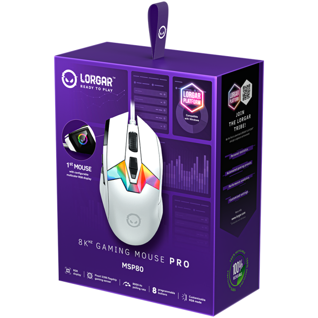 Мишка Lorgar MSP80, оптична (26 000 dpi), 10 бутона, PAW3395 сензор, 8000Hz Polling Rat, USB, Бяла