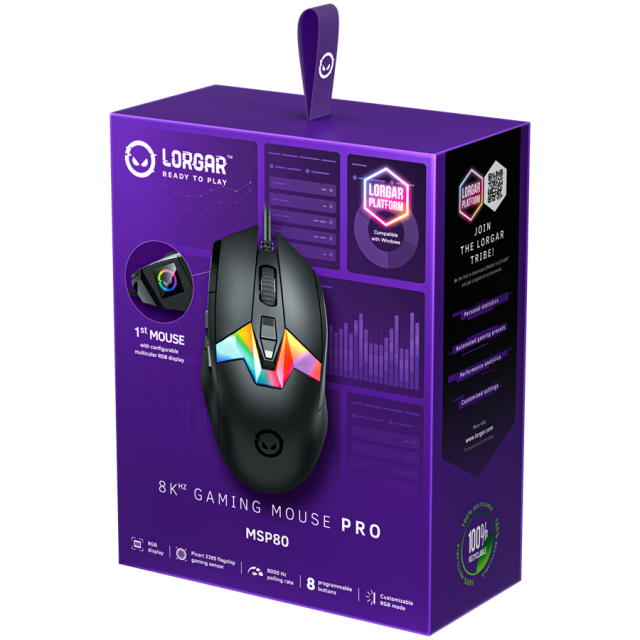 Мишка Lorgar MSP80, оптична (26 000 dpi), 10 бутона, PAW3395 сензор, 8000Hz Polling Rat, USB, Черна