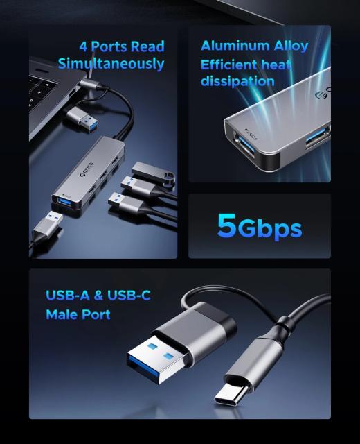 Хъб Orico YSA6-U3, 4-портов, 1x SD/TF, 1x USB 3.0, 2x USB 2.0, Aluminium, Grey, USB (A) / Type-C